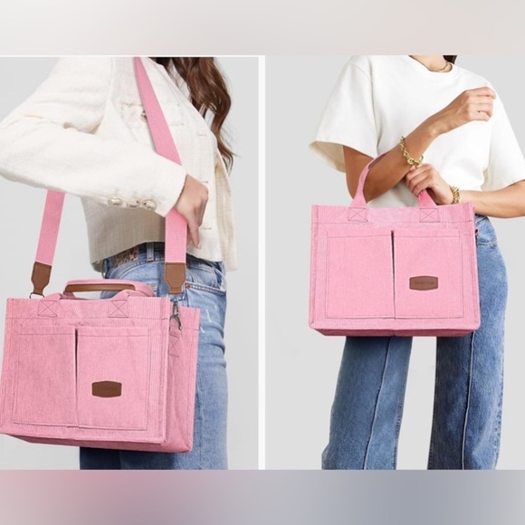 NEW- Womens Corduroy Tote Bag with Pockets Fashion Crossbody Bag. Pink. - Picture 2 of 5